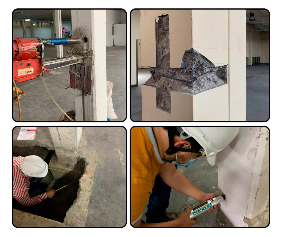 Extracción para ensayos de resistencia de materiales. Estudio de vulnerabilidad sísmica e intervención estructural de Bodega Comfama Independientes
